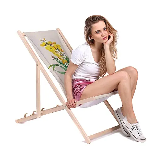 DreamRoots Liegestuhl Klappbar Holz aus Buchenholz, bis 130 kg belastbar, 3-Fach verstellbare Rückenlehne, waschbarer Polyesterbezug