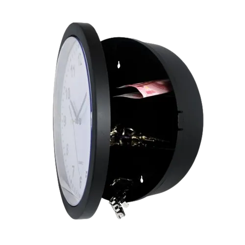 EKNA Wanduhr mit Tresor Geheimversteck Uhr mit Safe Wall Clock schwarz 25cm
