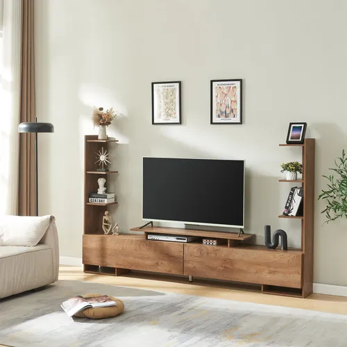 Fernsehschrank 'Rauki' mit praktischen Seitenregalen in Walnussoptik - Moderner Fernsehschrank mit zwei Seitenregalen für stilvolle Ablage. Ideal für Fernseher und Mediengeräte, bietet er viel Stauraum und eine pflegeleichte Oberfläche.