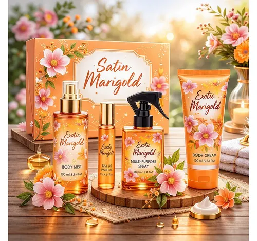 Pflege-Geschenkset Exotic Marigold Damen Duftset 4-tlg - Vielfältiges 4-teiliges Set für die Körperpflege mit langanhaltendem, exotischem Duft. Ideal als Geschenk für besondere Anlässe oder zum Verwöhnen. Enthält Eau de Parfum, Body Mist, Hair Mist und Body Balm.