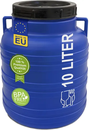 plasteo® 10 Liter Weithalsfass blau mit Deckel und Griffen, Lebensmittelecht BPA-Frei Campingtonne Sauerkrautfass Futtertonne Schraubdeckelfass