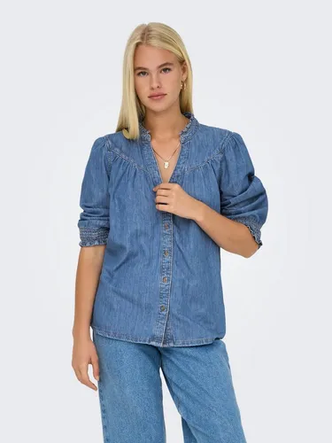 ONLY Jeans-Bluse in Blau - M - Modische Jeans-Bluse aus reiner Bio-Baumwolle, mit lässigem Stehkragen und V-Ausschnitt. Ideal für einen entspannten Look und vielseitig kombinierbar.