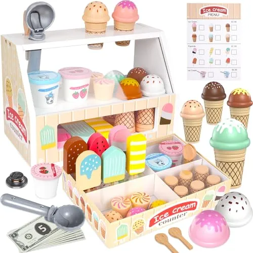 Eisdiele Kinder Holz, Kinderküche Zubehör, Holzspielzeug Spielküche Zubehör, Rollenspiele Holzspielzeug mit Spielgeld, Montessori Spielzeug ab 2 Jahre Jungen Mädchen, Geschenke für Weihnachten