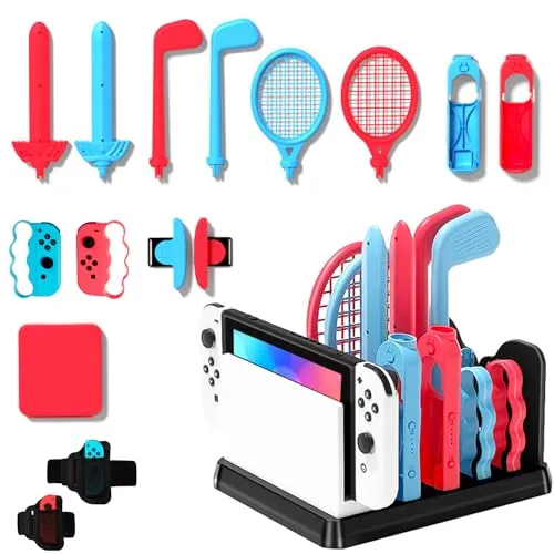 OLDZHU 16 in 1 Switch Sport Zubehör Set Bundle mit Organizer kompatibel mit Nintendo Switch & OLED Konsole,2024 Familienparty-Paket Spiel Zubehör Set Satz,Aufbewahrung für Switch Sport Spiel Zubehör