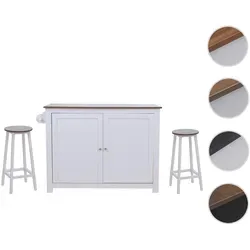 Kücheninsel HWC-P61 mit 2 Sitzhockern, Küchenschrank Schublade Staufächer MDF 90x120x45cm ~ weiß, dunkles Holz