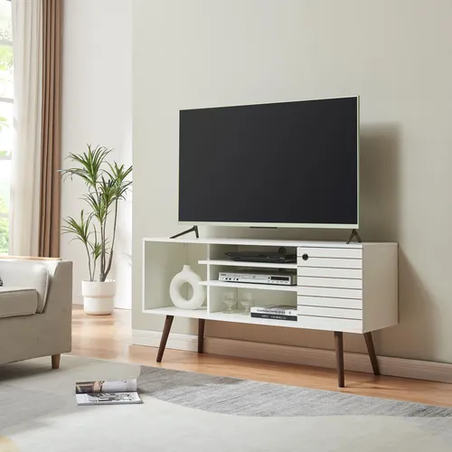 Fernsehschrank 'Vare' Lowboard 130 cm – Modernes TV-Möbel in Weiß - Stylisches Lowboard mit 1 Tür und 4 Fächern für Ordnung in Ihrem Wohnzimmer. Integrierte Kabeldurchlässe sorgen für eine saubere Kabelführung. Pflegeleichte Oberfläche für mühelose Reinigung.