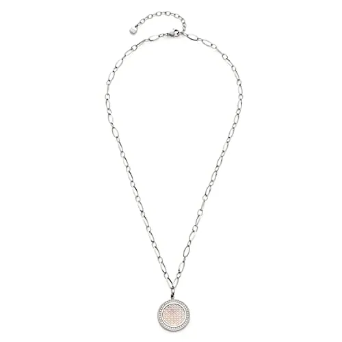 Leonardo Polina Halskette aus Edelstahl 1 Stück, kurze silberfarbene Gliederkette mit schimmerndem Perlmutt Münz-Anhänger, Mode Damenschmuck, 021516