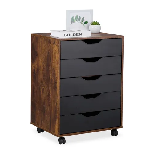 Rollcontainer Schreibtischschrank mit 5 Schubladen - Praktischer Bürocontainer in Industrial-Schwarz, mobil dank Rollen, ideal für effiziente Arbeitsplatzorganisation.