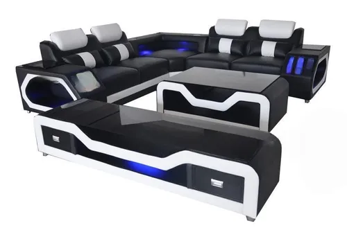 Moderne Ledersofa Wohnlandschaft L-Form mit USB & Bluetooth von JV Möbel