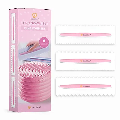 GoodBake Tortenkamm-Set für tolle Muster – 3 Torten-Schaber mit 6 Mustern für z.B. Buttercreme, Zuckerguss, Icing, Sahne – spülmaschinenfest