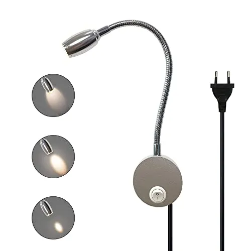 Leselampe Bett Wandmontage Einstellbarer Fokus Flexible Schwanenhals Wandleuchte LED Wand Leseleuchte mit Stecker und Schalter, 3W Bettleuchte aus Aluminium für Schlafzimmer, Bett, 3000K (Silber-)