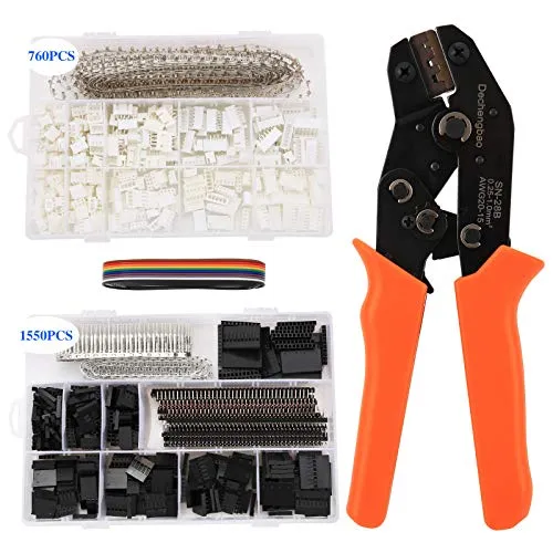 Dechengbao Dupont Crimping Tool Kit Ratcheting Crimper with 1550PCS 2.54mm Dupont Male/Female PinConnectors and 760pcs 2.54 mm 3.96mm,etc JST-XH Connectors for AWG 26-20(0.1-0.5mm²)