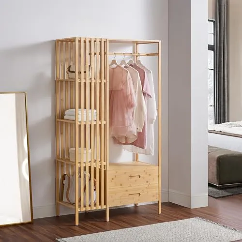 [en.casa] Garderobenständer Varanger - Stilvoller Kleiderständer mit 2 Schubladen und 4 Fächern - Kleiderständer aus nachhaltigem Bambus mit 4 Ablagefächern und 2 Schubladen für eine elegante und praktische Aufbewahrungslösung im Eingangsbereich.