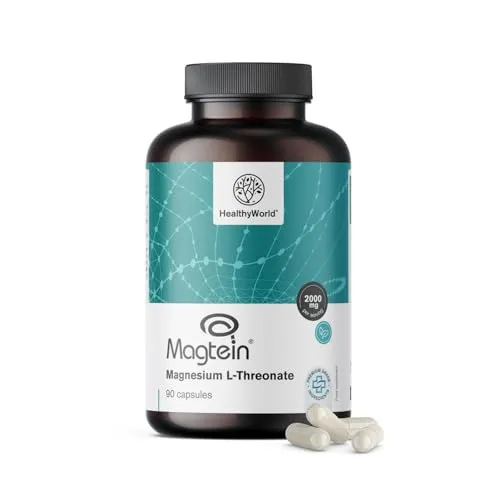 HealthyWorld Magnesium-L-Threonat Magtein 2000 mg – 90 Kapseln – Patentierte Form – Unterstützung für das Nervensystem und Vitalität – Hohe Bioverfügbarkeit – Frei von Allergenen