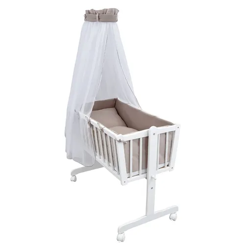 Babywiege Schaukelwiege Weiß mit Soft Touch Bettset - Komplette 4-tlg. Wiege mit Matratze, Kissen und Decke, ideal für Jungen & Mädchen. Aus massivem Kiefernholz, mit 4 Gummirollen für Mobilität und Bremse für Sicherheit.