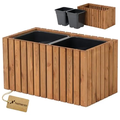Blumenkasten aus Holz mit Kunststoff-Pflanzeneinsatz – 18 l, eckig für Balkon oder Terrasse – Braun