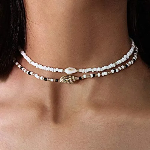 Handcess Boho-Halskette, doppelschichtig, Muschel-Halsband, Muschelketten, Strandmuschel-Halsband, Schmuck für Frauen und Mädchen