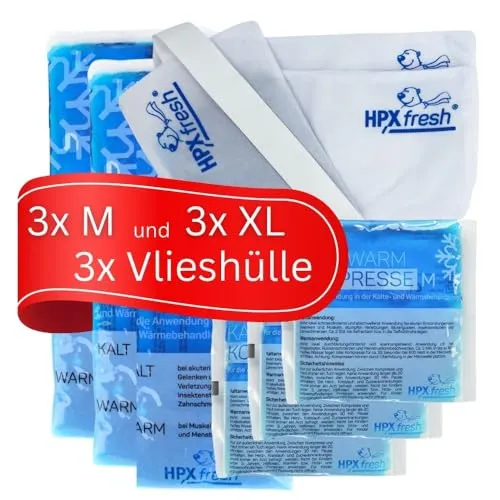 HPXfresh® Mehrfach-Kompressen für Kalt-Warm Anwendungen im Set (M) | 3 x XL (12x29cm) + 3 x M (13x14cm) + 3 x passende premium Vlieshüllen | mikrowellengeeignet | Gelkompresse