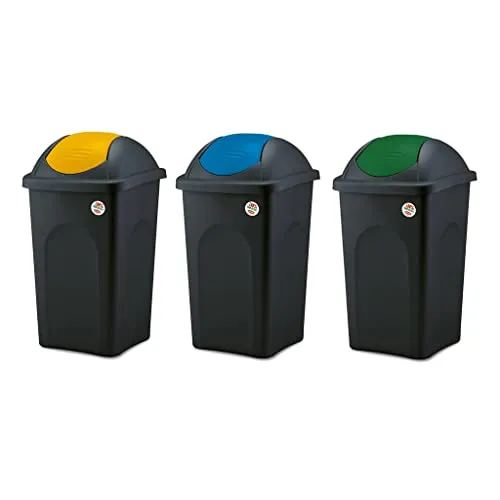Kreher 3 Stück Abfalleimer 60 Liter mit Schwingdeckel - Mülltrennsysteme für umweltbewusste Haushalte. Mit 60 Litern pro Behälter und farblich markierten Schwingdeckeln für einfache Mülltrennung.