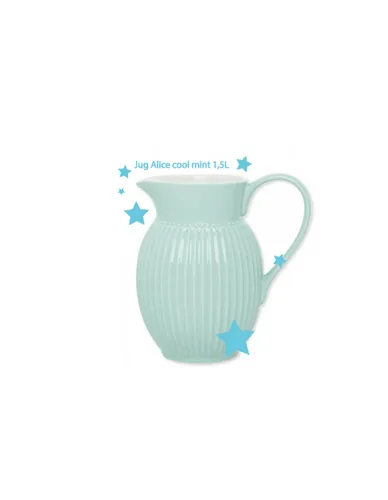 Krug Jug Alice cool mint von Greengate - Shabby Landhaus Stil, 1,5L Kapazität aus hochwertigem Steingut, ideal für stilvolle Tischdekoration oder als Vase.