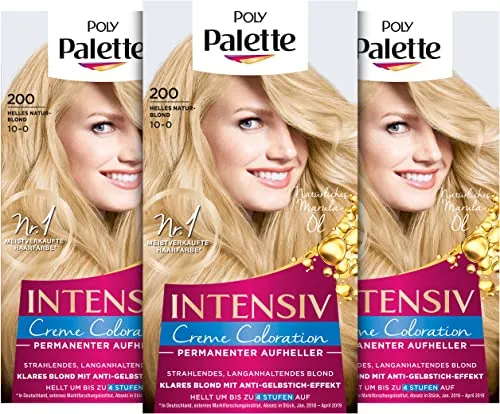 Palette Intensiv Creme Coloration 10-0/200 Helles Naturblond Stufe 3 (3 x 125 ml), Permanenter Aufheller für strahlende, langanhaltende blonde Haarfarbe, Anti-Gelbstich-Effekt