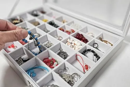 Schmuckkasten Schmucklade Schaukasten Schmuckdisplay mit Glasdeckel 36 Fächer weiss