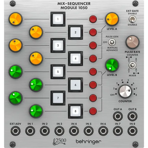 Behringer Mix-Sequencer 1050 - Audiomixer im Eurorack-Format mit 8 aktivierbaren Eingängen, interner Clock und flexiblem Trigger-Verhalten – ideal für kreative Musikproduktion.
