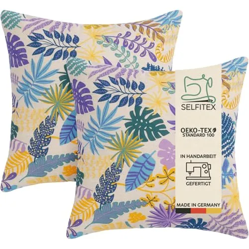 Selfitex 2er Set Sofakissen 40x40 cm, Couchkissen mit Füllung und Bezug, edler Leinenstoff, lebhaftes Muster mit schöner Leinenoptik, extra weich und bequem, Kissen mit modernem Trendmuster (Leaves)