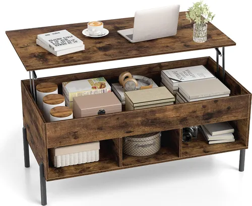 COSTWAY Höhenverstellbarer Couchtisch mit Stauraum und 3 Fächern, Braun