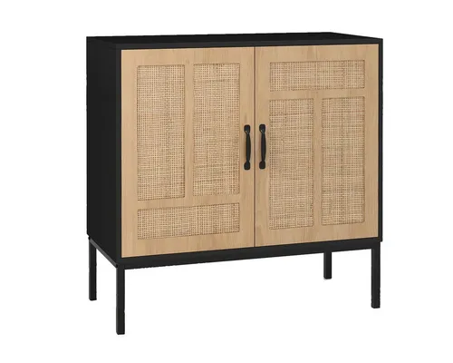 Costway Küchenschrank aus Holz mit verstellbarem Regal in Schwarz - Stylischer Küchenschrank mit Rattantüren und verstellbarem Regal für optimale Aufbewahrung. Ideal für jeden Raum, bietet er Eleganz und Funktionalität bei einer Tragfähigkeit von bis zu 113 kg.