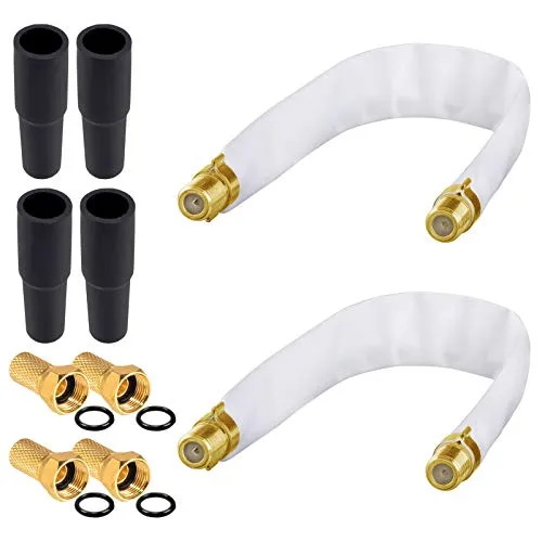 hb-digital 2x SAT Fensterdurchführung flach flexibel vergoldete Kontakte Weiß HQ F-Buchse Verbinder für Koaxialkabel Verkupplung Türen Fenster Dachboden + 4x F-Stecker vergoldet + 4x Gummitülle