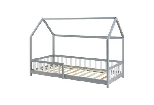 [en.casa] Kinderbett Hesel Hausbett Grau 90 x 200 cm - Kleinkindbett mit Rausfallschutz aus robustem Kiefernholz, verwandelt das Kinderzimmer in ein zauberhaftes Schlummerparadies und sorgt für sicheren Schlaf.