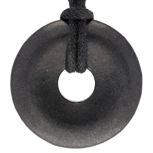 Lebensquelle Plus Edelstein Donut Ø 30 mm + Baumwollband + Edelsteinkarte | Naturstein Anhänger Halskette | Echte Heilsteinkette inkl. Band (Schungit)