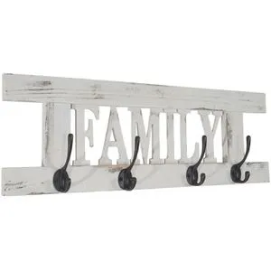 Mendler Wandgarderobe HWC-C60 Family, 44988, Holz, 60 x 21cm, mit 4 Haken, weiß, vintage