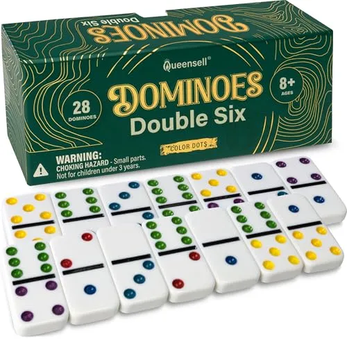 Queensell Domino-Set für Erwachsene mit farbigen Punkten – Doppel-6 Domino-Set, EIN klassisches Brettspiel für Kinder und Erwachsene – Standard Doppel-Sechs Dominos-Sets mit 28 Steinen