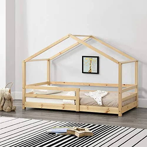 [en.casa] Kinderbett Knätten - Hausbett 70 x 140 cm mit Rausfallschutz - Kleinkindbett aus hochwertigem Kiefernholz mit attraktivem Hausdesign und integriertem Rausfallschutz für sichere Nächte. Einfache Montage und großzügige Liegefläche für komfortablen Schlaf.