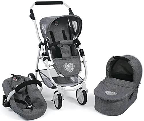 Bayer Chic 2000 637-76 Kombi-Puppenwagen Emotion 3-in-1 - Jeans Grau, vielseitig mit Babywanne, Sportwagenaufsatz und Autositz für Puppen bis 52 cm