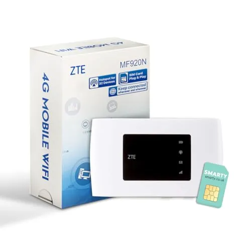 ZTE MF920U - Mobiles 4G LTE WLAN - Tragbarer Hotspot für bis zu 10 Geräte, inkl. kostenloser Smarty SIM-Karte, 2000 mAh Akku für bis zu 8 Stunden Nutzung - ideal für sicheres und kostengünstiges Reise-WLAN.