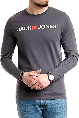 JACK & JONES Herren Langarmshirt aus Baumwolle – Longsleeve Männer – T-Shirt mit Langen Ärmeln aus Baumwolle - einzeln und Multipack (Asphalt Opt1 Corp - L)