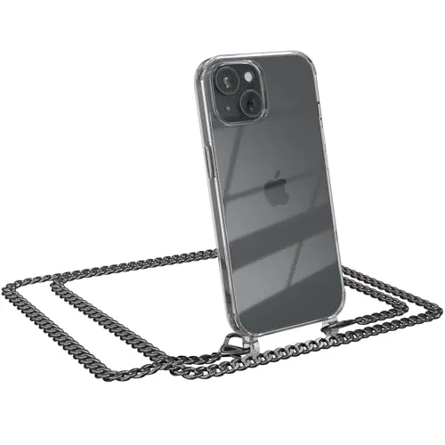 EAZY CASE Handykette kompatibel mit iPhone 15 Handyhülle mit Metall Umhängeband und Ersatz Kordel schwarz, Handykordel mit Schutzhülle, Stylische Kette, Metall - Anthrazit