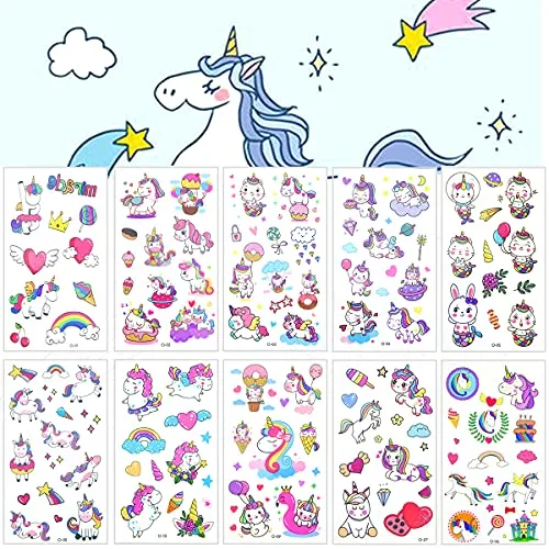 Tattoo Kinder 10 Blätter Einhorn Set, Temporäre Tattoos Aufkleber, Wasserdichte Kindertattoos Sticker für Mädchen/Jungen Kindergeburtstag Mitgebsel Party