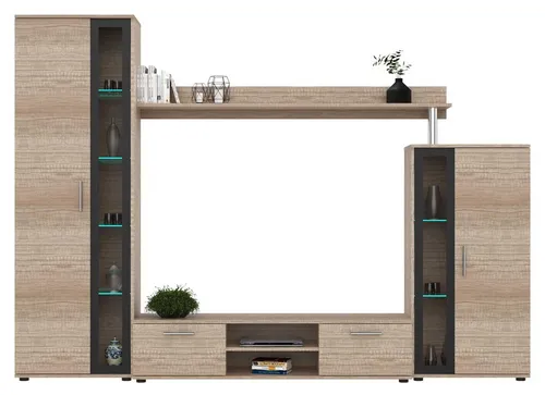 Moderne Wohnwand Ben 4-teilig in Eiche Country grau - TV-Möbel & Schrankwände mit 12 Regalfächern und Kabelmanagement für ein aufgeräumtes Wohnzimmer, ideal für modernes Wohnen.