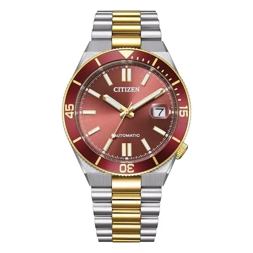 Citizen Automatische Herrenuhr Tsuyosa Shore NJ0234-58X | Gehäuse und Armband zweifarbig (Stahl und Gold) 40 mm | Rotes Zifferblatt mit Saphirglas und Linse | Mechanik | Wasserdicht 10 bar