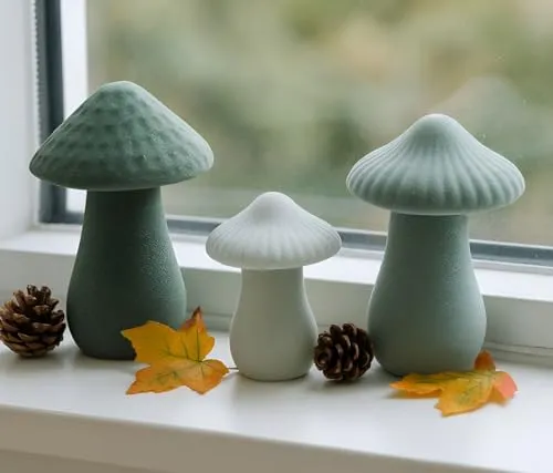 Dekoleidenschaft 3X Pilz Grün aus Porzellan, Herbstdeko 8 + 12 cm hoch, große Dekopilze, Dekofigur Pilzset, Pilze, Pilzdeko