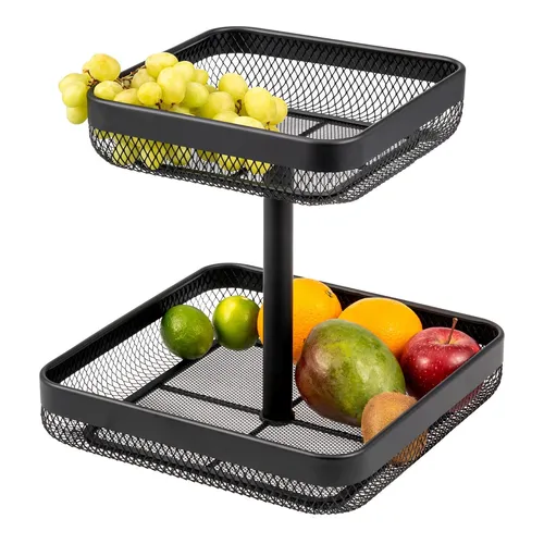 eluno 2-stöckige Obstetagere aus Metall - Obstkörbe, elegantes Design und optimale Luftzirkulation für längere Frische von Obst und Gemüse.
