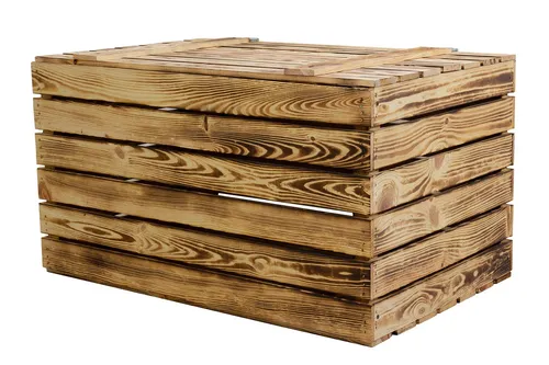 Grosse Holztruhe geflammt - Sonstige Aufbewahrungskiste aus geflammtem Holz, ideal zur stilvollen Aufbewahrung von Schätzen und Dekoration.
