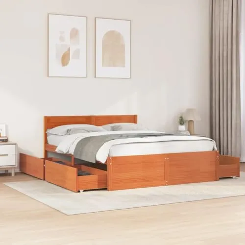 vidaXL Massivholzbett mit Schubladen 160x200cm - Modernes Doppelbett aus massivem Kiefernholz mit Stauraum und vielseitigem Kopfteil, ideal für ein stilvolles Schlafzimmer.