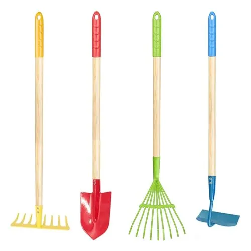 YORFULL Kinder Gartengeräte Set, 4 Teiliges Gartenwerkzeug Kinder mit Schaufel, Laubrechen, Rechen, Staubsauger, Gartenset ab 3 Jahren