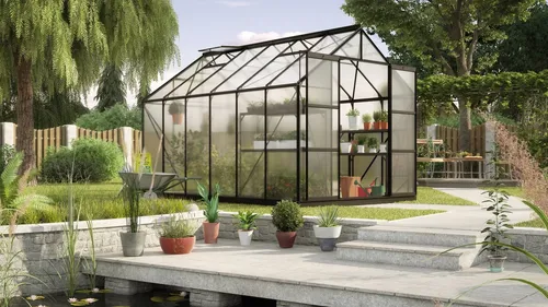 Vitavia Gewächshaus Uranus 9900 mit Zubehör, 9,9 m² - Das Gewächshaus »Uranus 9900« von VITAVIA bietet mit 9,9 m² Fläche und robustem 3 mm Sicherheitsglas ideale Bedingungen für Pflanzen. Inklusive Fundamentrahmen und Tropfschlauchausrüstung für optimale Bewässerung.