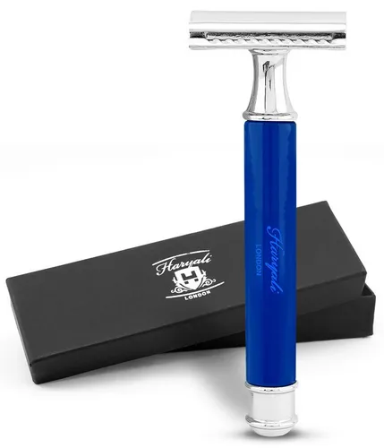 Haryali London Nassrasierer Zweischneidiger Rasierhobel für Damen und Herren, Metallgriff, blau, Pack, Rasierer für ein erstklassiges Rasurerlebnis mit zwei Ersatzklingen, Abwaschbarer, rutschfester Metallgriff. Bestes Rasiererlebnis